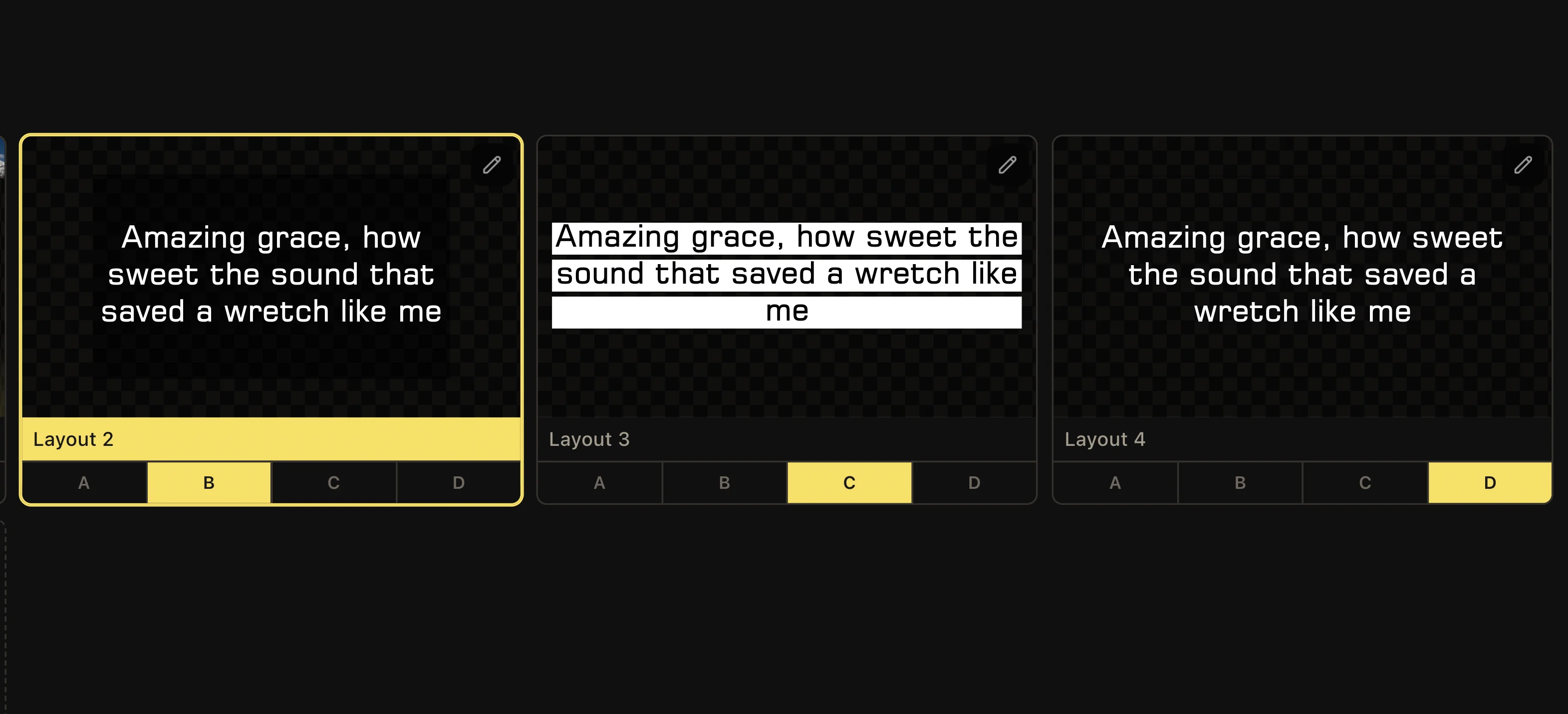 Lyrics layout cards with Layout 2 assigned to B, Layout 3 to C, and Layout 4 to D