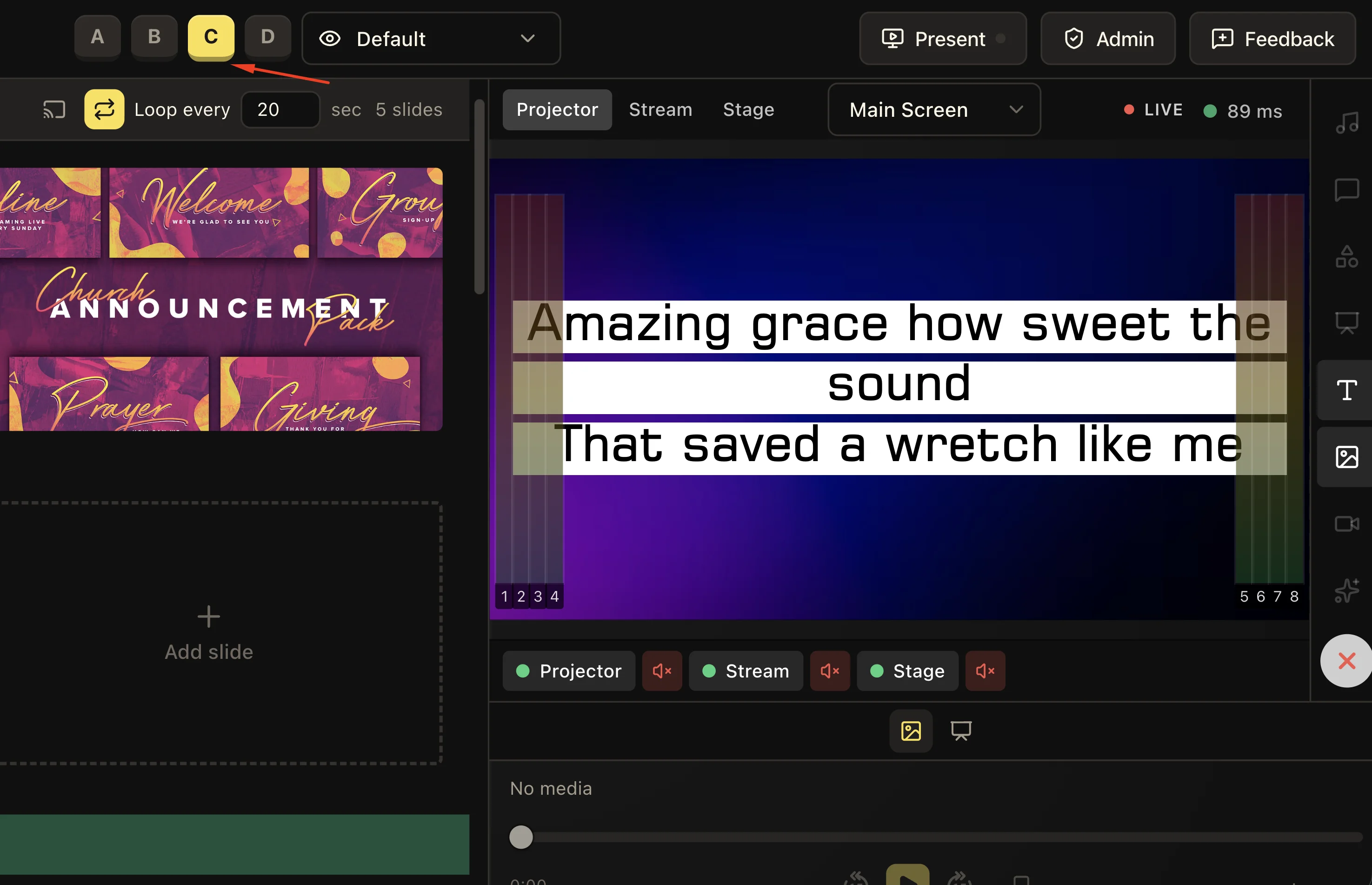 Studio top bar with C highlighted, Default selected in the Looks menu, and a lyrics preview using white text strips