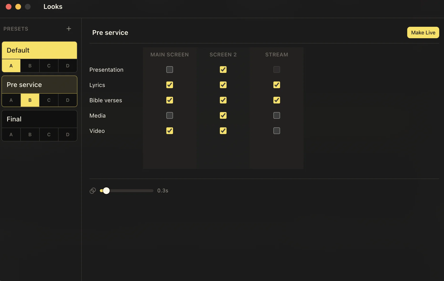 Looks editor with Default, Pre service, and Final presets, a screen visibility grid, and Make Live button