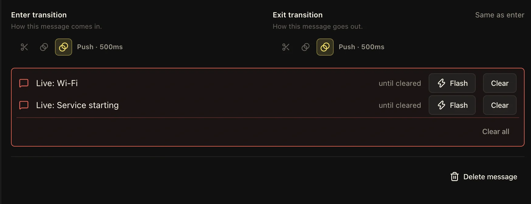 LlamaPresenter message transition controls and a live list with Flash, Clear, and Clear all actions