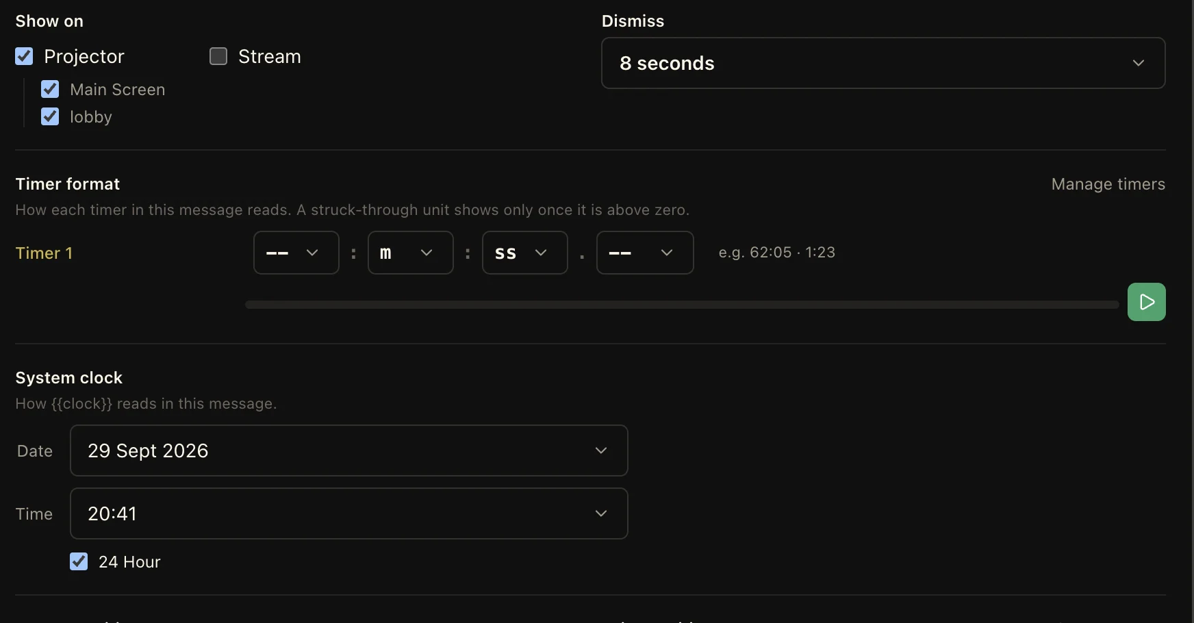 LlamaPresenter message controls for projector and stream destinations, screen selection, timed dismissal, timer formatting, and system clock formatting
