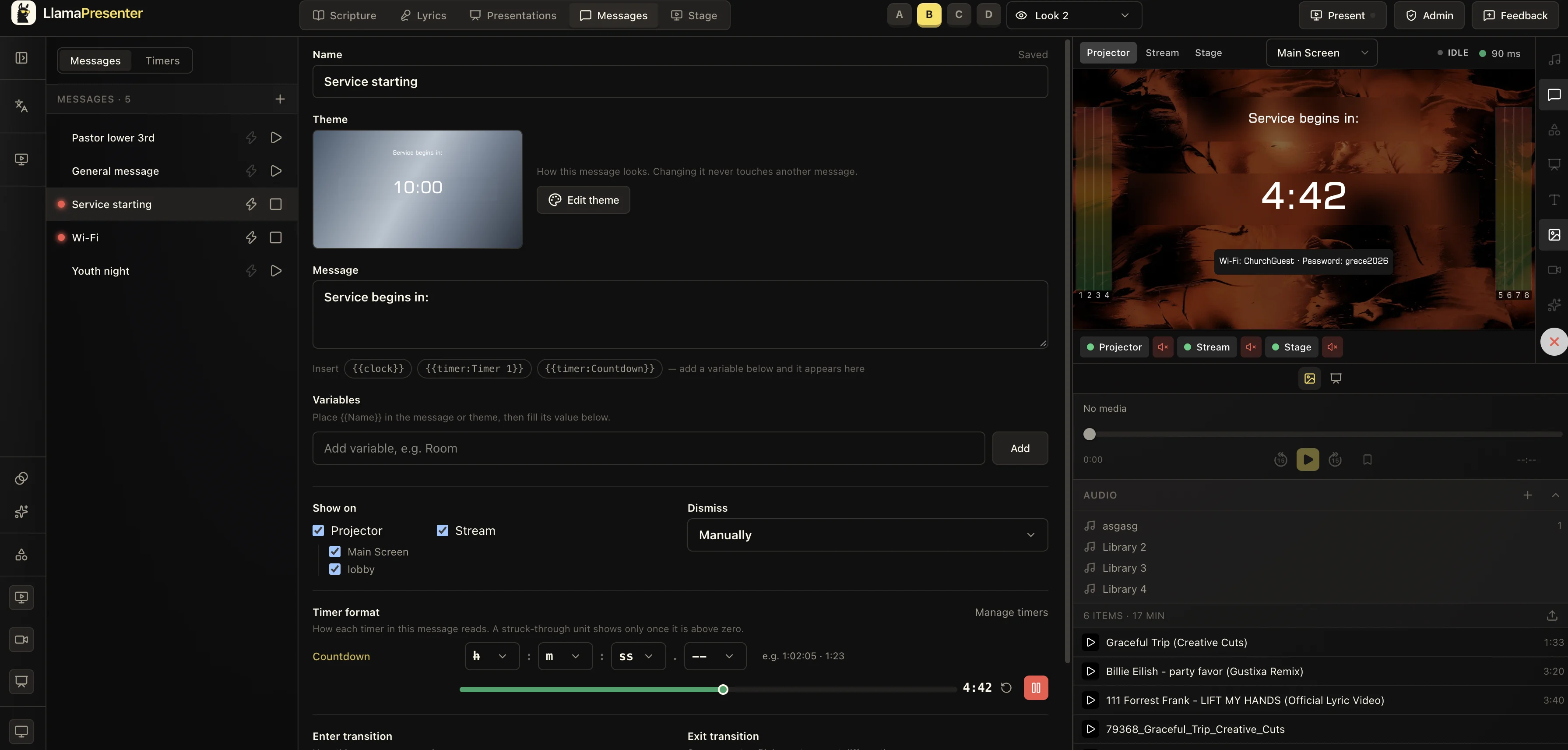 LlamaPresenter Messages workspace with a saved service-starting message, theme preview, variables, countdown controls, and live output preview