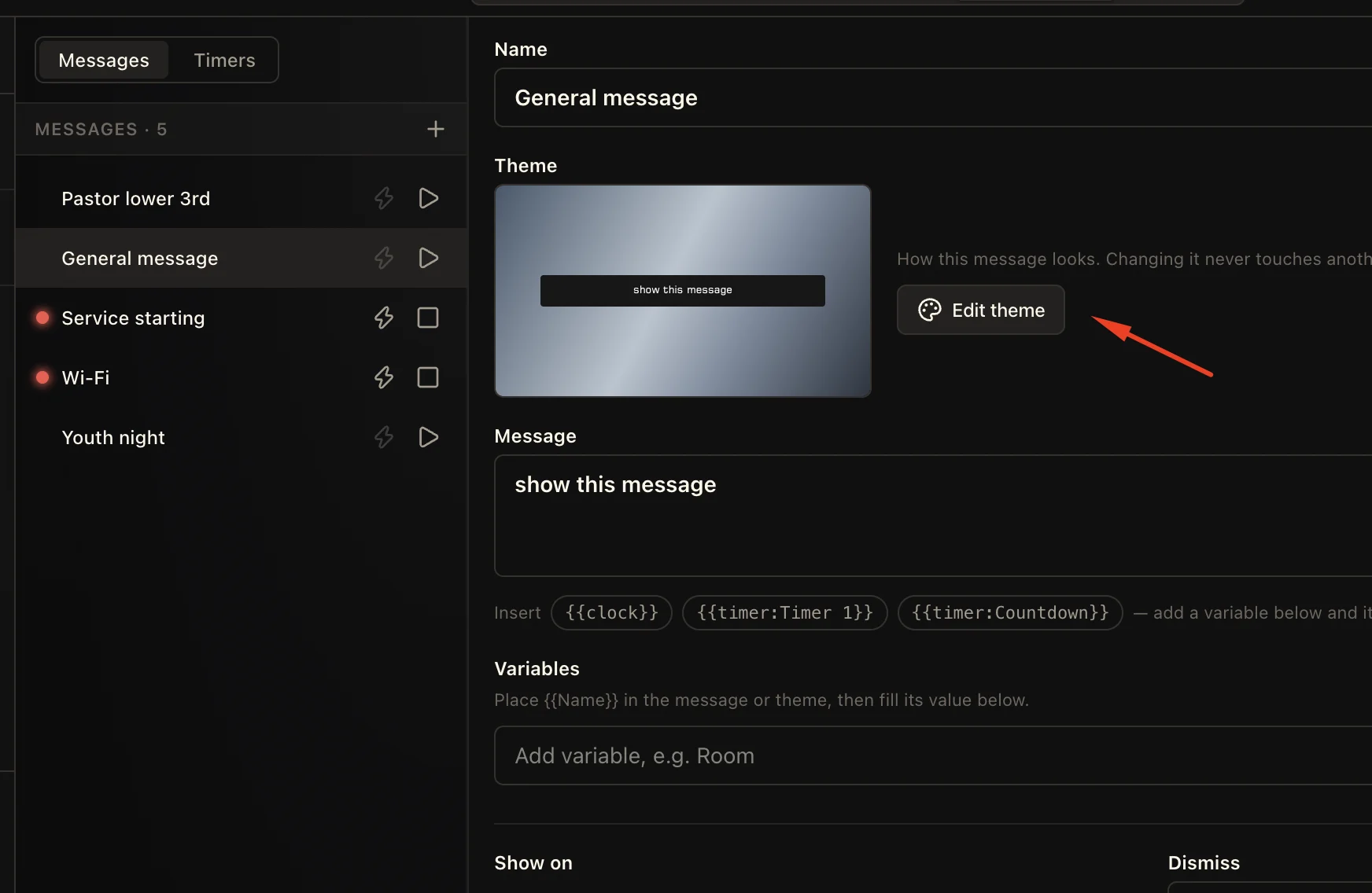LlamaPresenter message editor showing a saved message list, theme preview, and Edit theme control