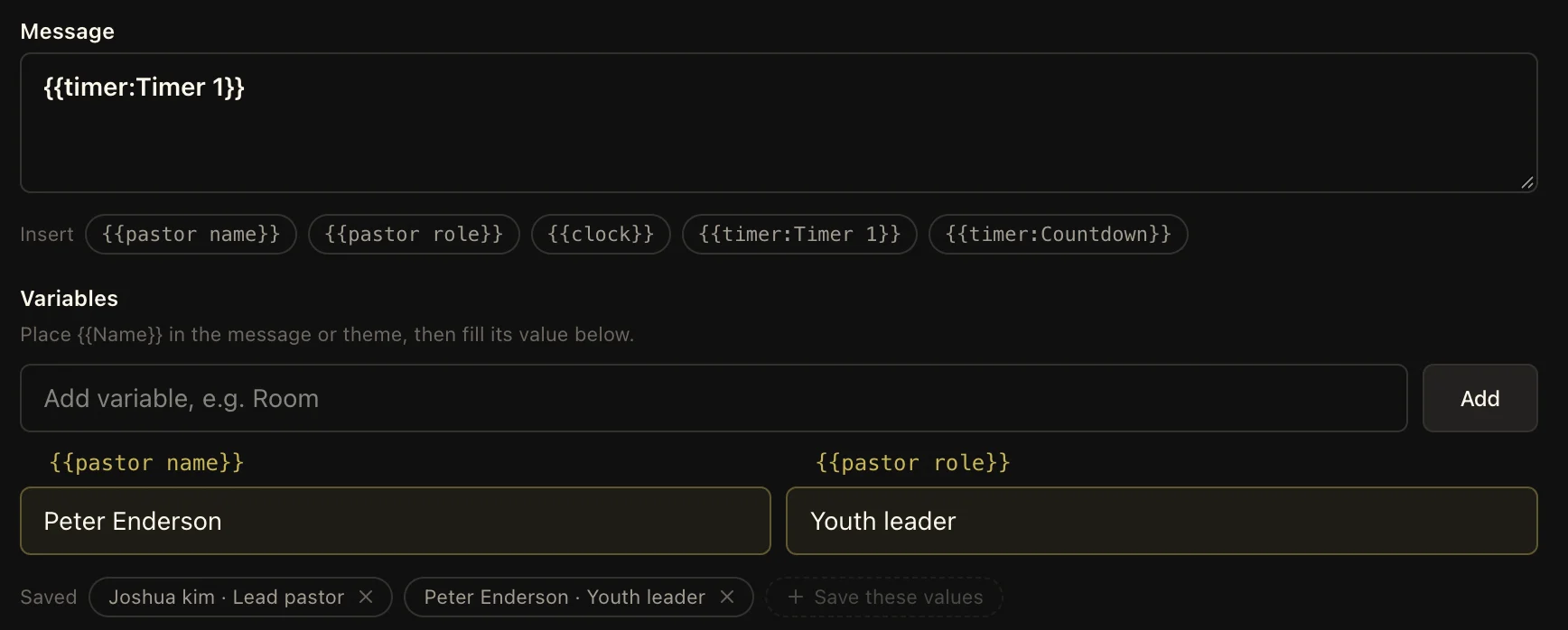 LlamaPresenter message variables showing pastor name and role values, saved presets, clock, and timer tokens