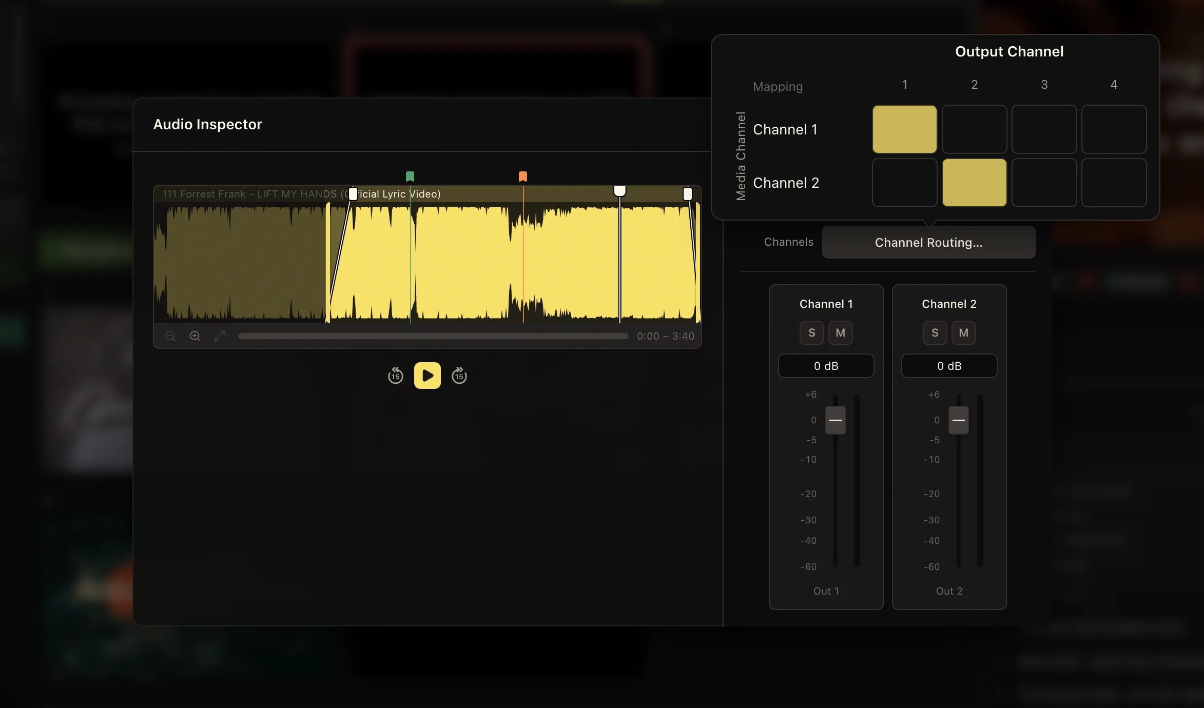 LlamaPresenter Audio Inspector with per-channel faders and a two-channel output routing matrix