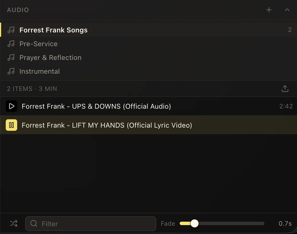 LlamaPresenter audio library with music playlists, track rows, search, shuffle, and fade controls