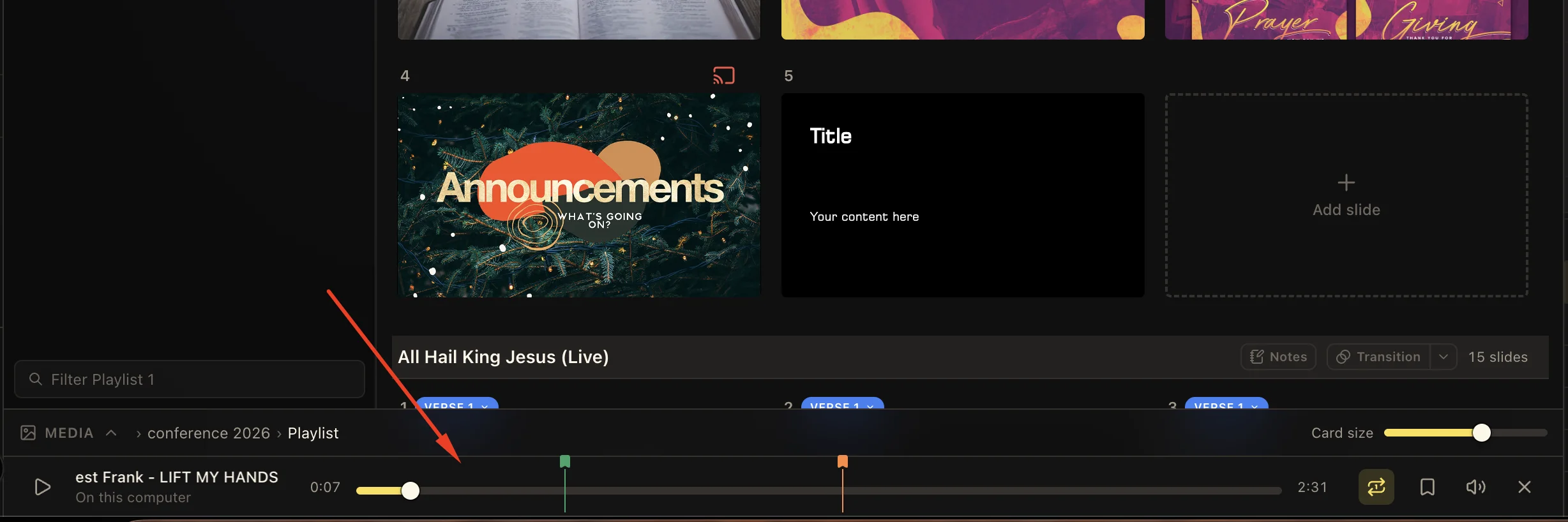 LlamaPresenter Studio with a docked music player showing progress, cue markers, end behavior, volume, and close controls