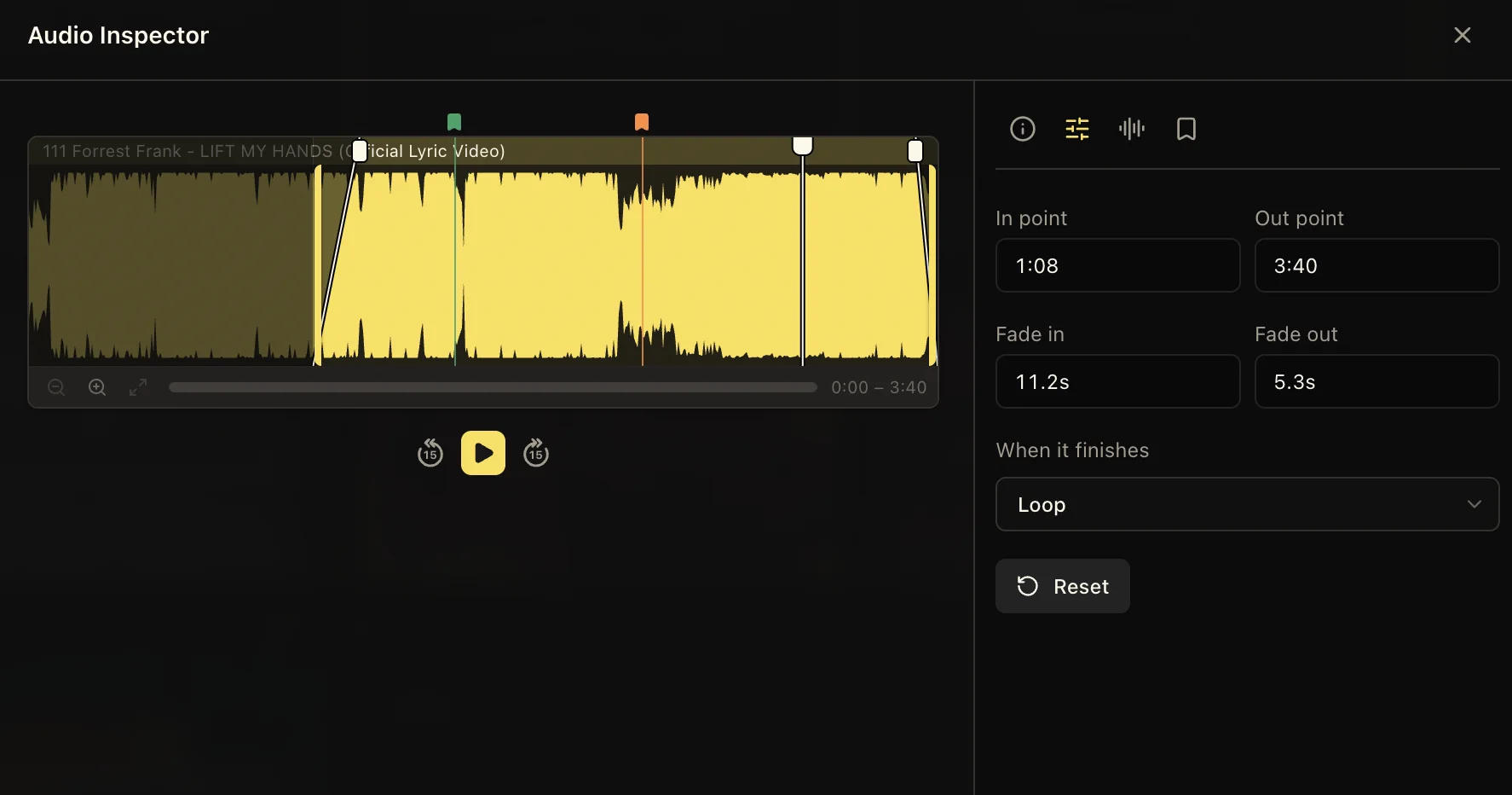 LlamaPresenter Audio Inspector showing a waveform with in and out points, fade handles, markers, and loop behavior