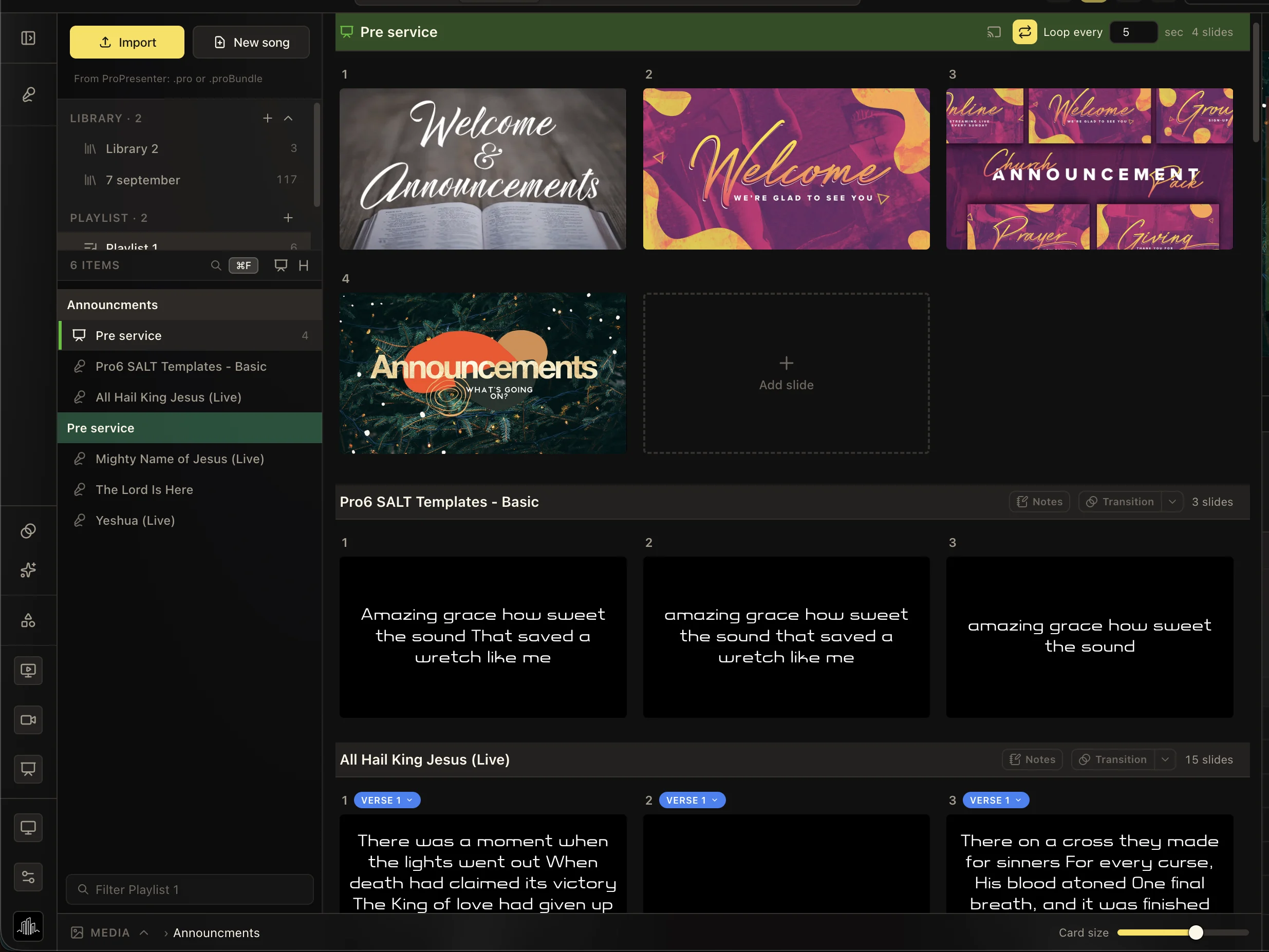 LlamaPresenter service playlist showing a pre-service presentation together with songs and presentation playback controls
