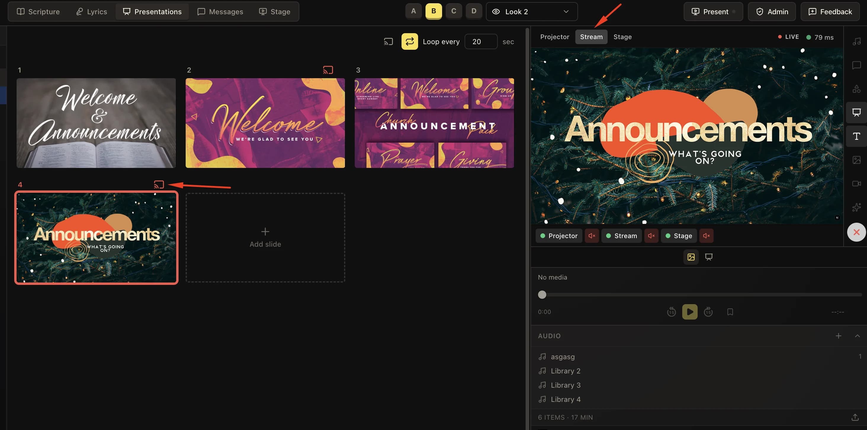 LlamaPresenter presentation slides with deck-level and per-slide stream buttons and the Stream output preview
