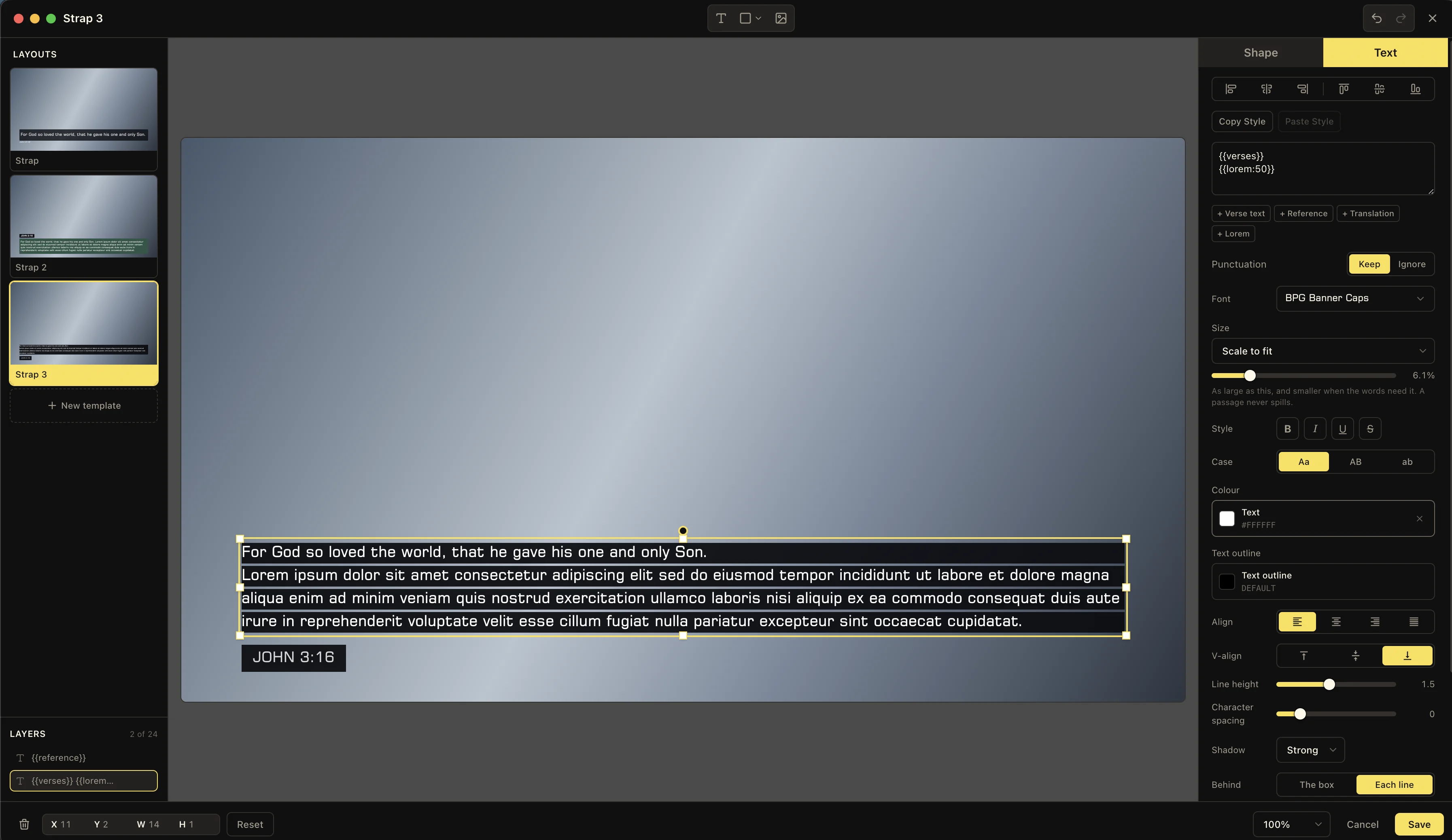 LlamaPresenter template editor showing scripture text on the canvas and detailed typography controls