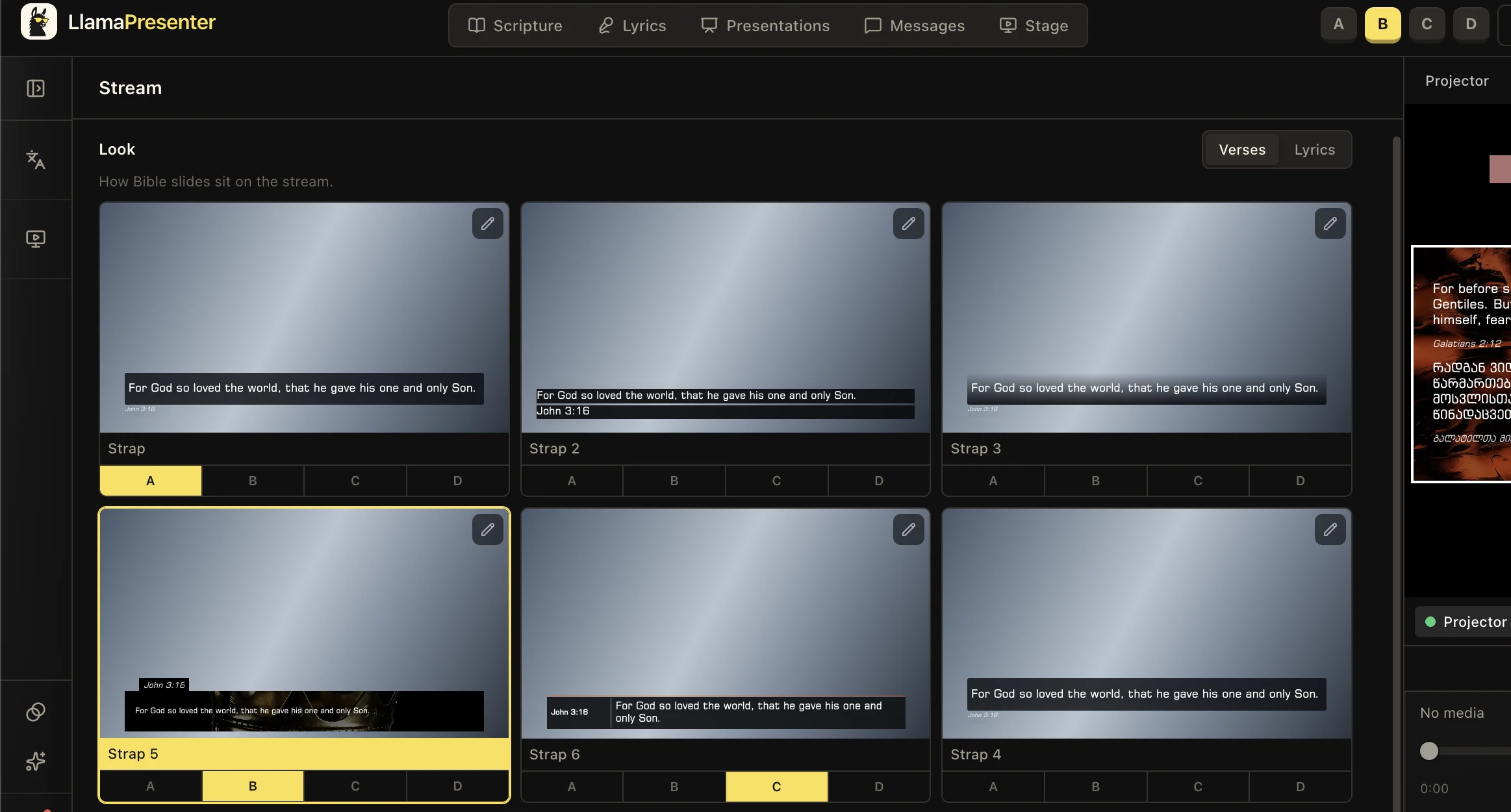 LlamaPresenter Stream look gallery with several reusable scripture layouts and A, B, C, and D assignments