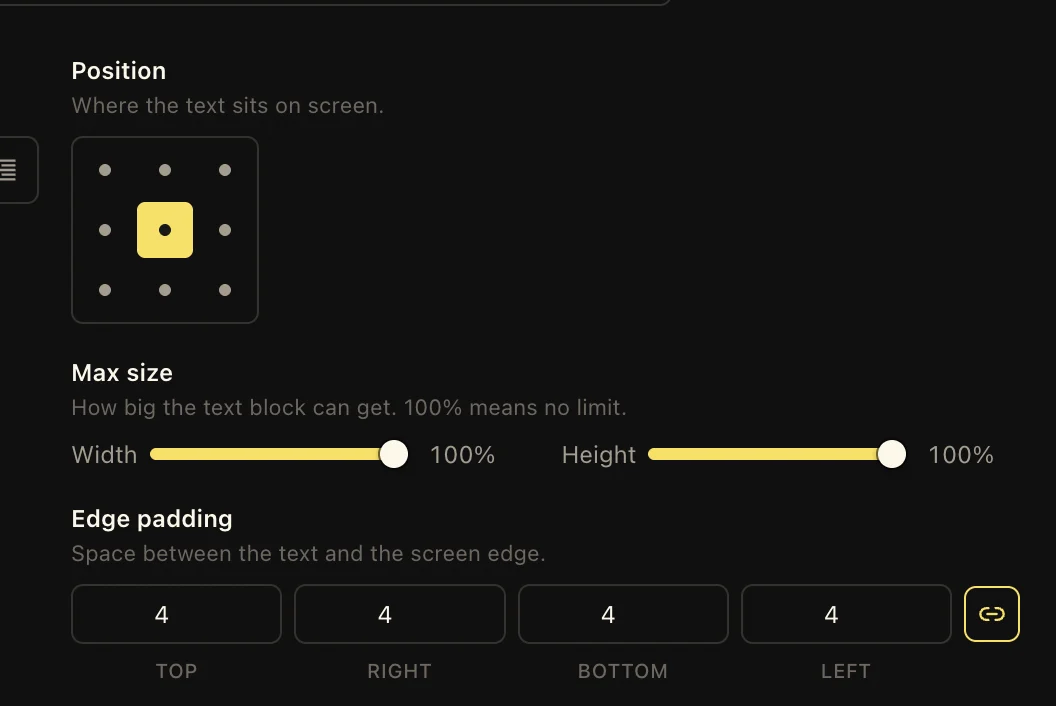 LlamaPresenter template controls for text position, maximum width and height, and linked edge padding