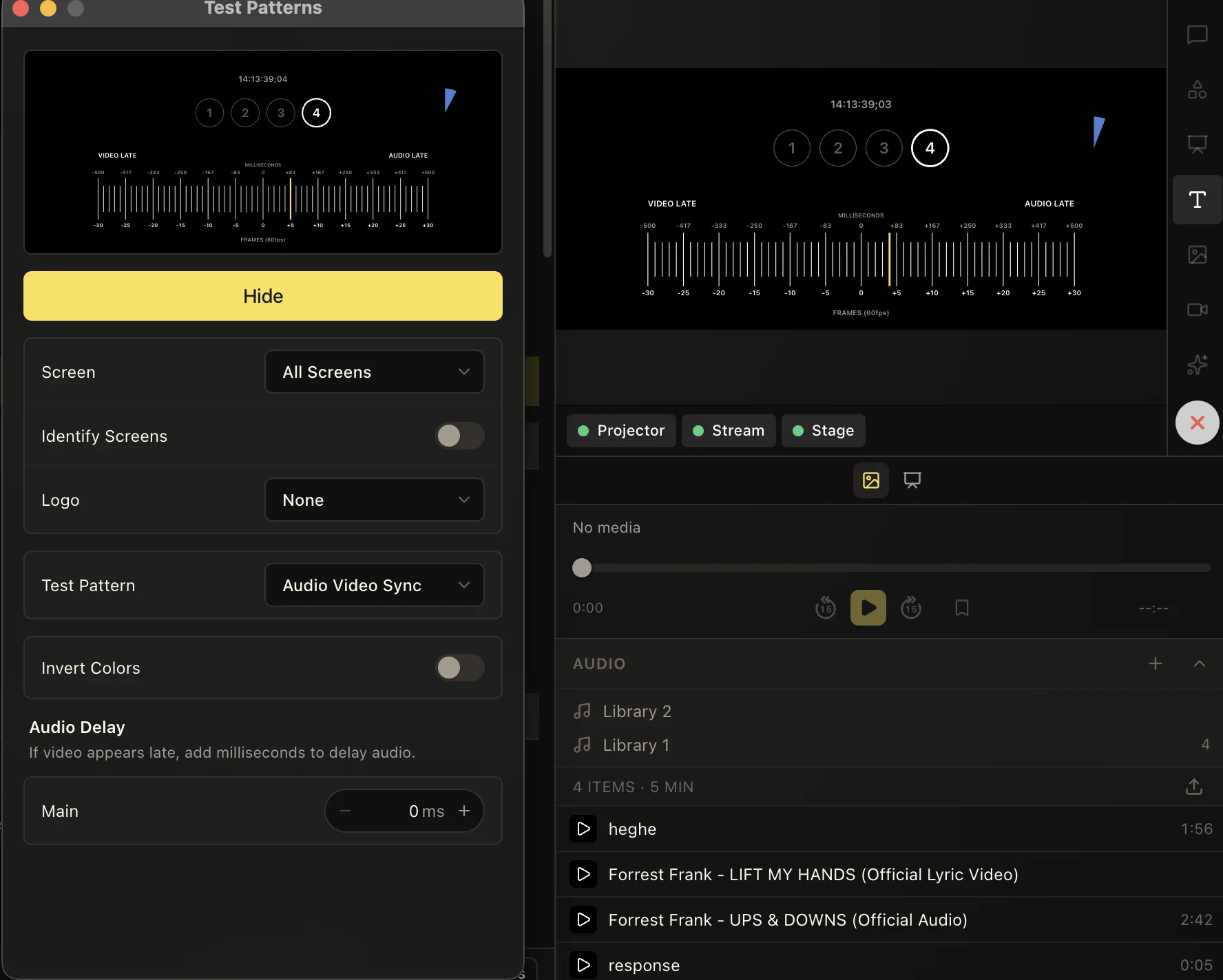 Audio Video Sync pattern with numbered circles, millisecond and frame ruler, and Main audio delay control