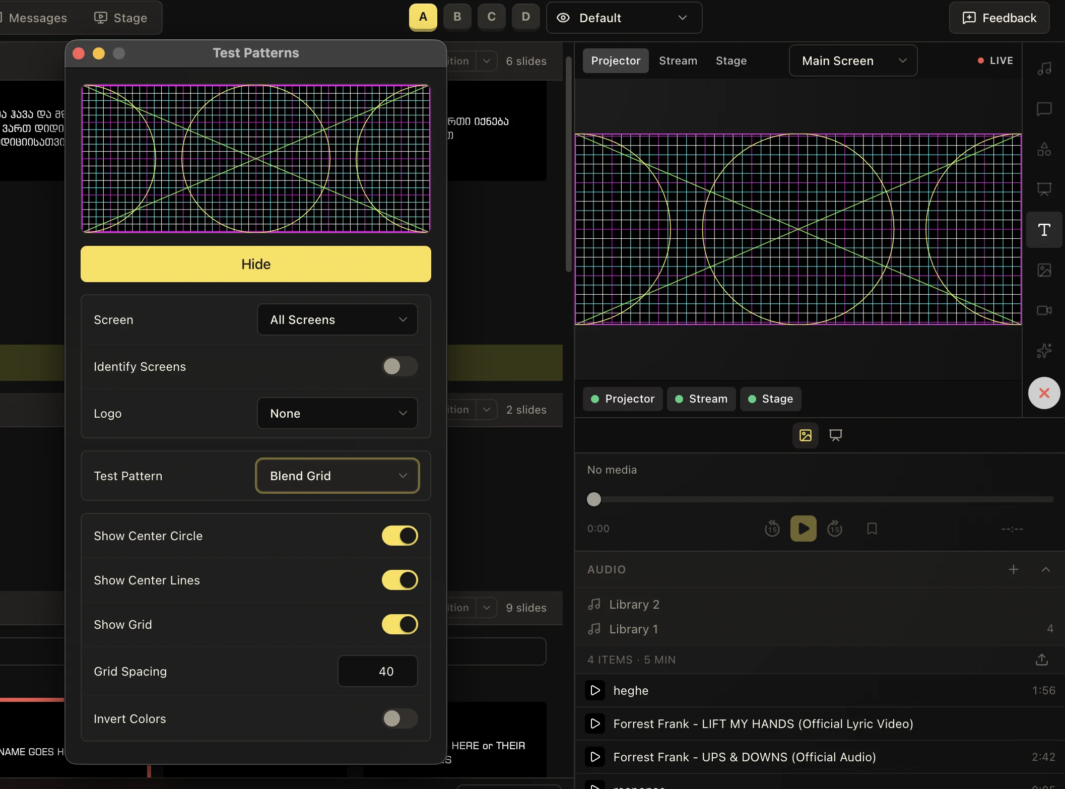 Test Patterns window displaying Blend Grid with center circle, center lines, grid, and spacing controls beside the Studio preview