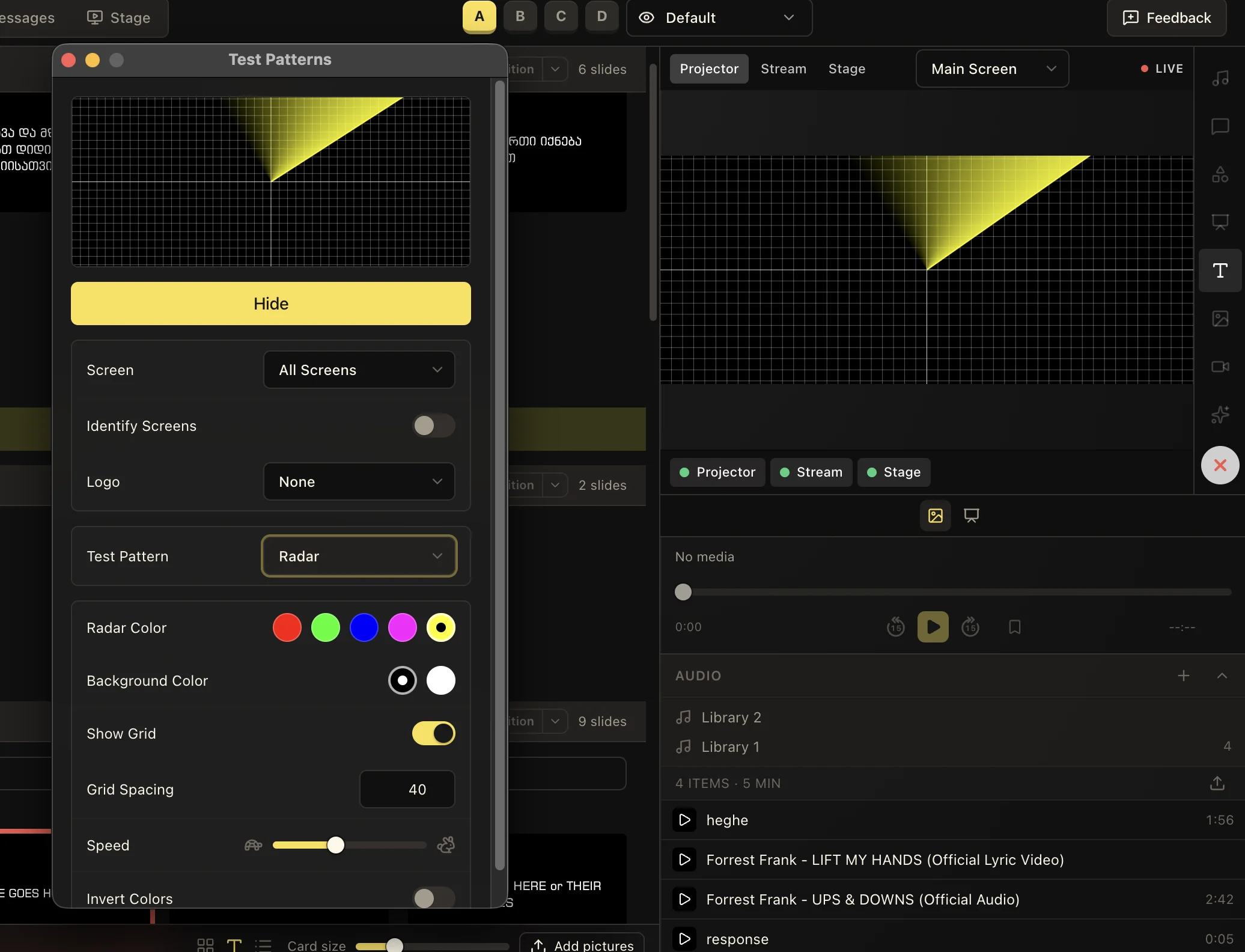 Yellow Radar sweep on a black grid with radar color, background color, grid spacing, and speed controls