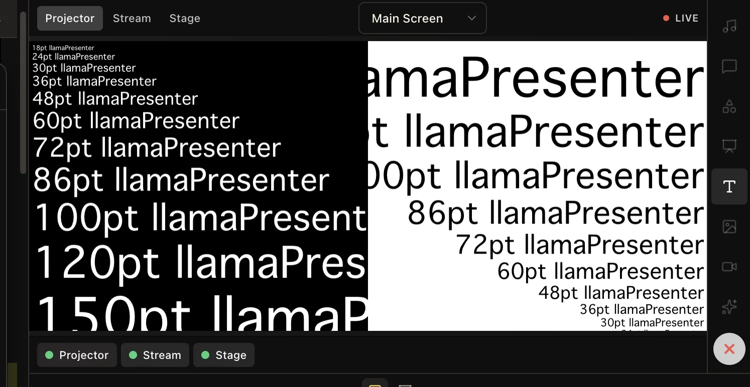Text test pattern showing LlamaPresenter at multiple point sizes in white on black and black on white
