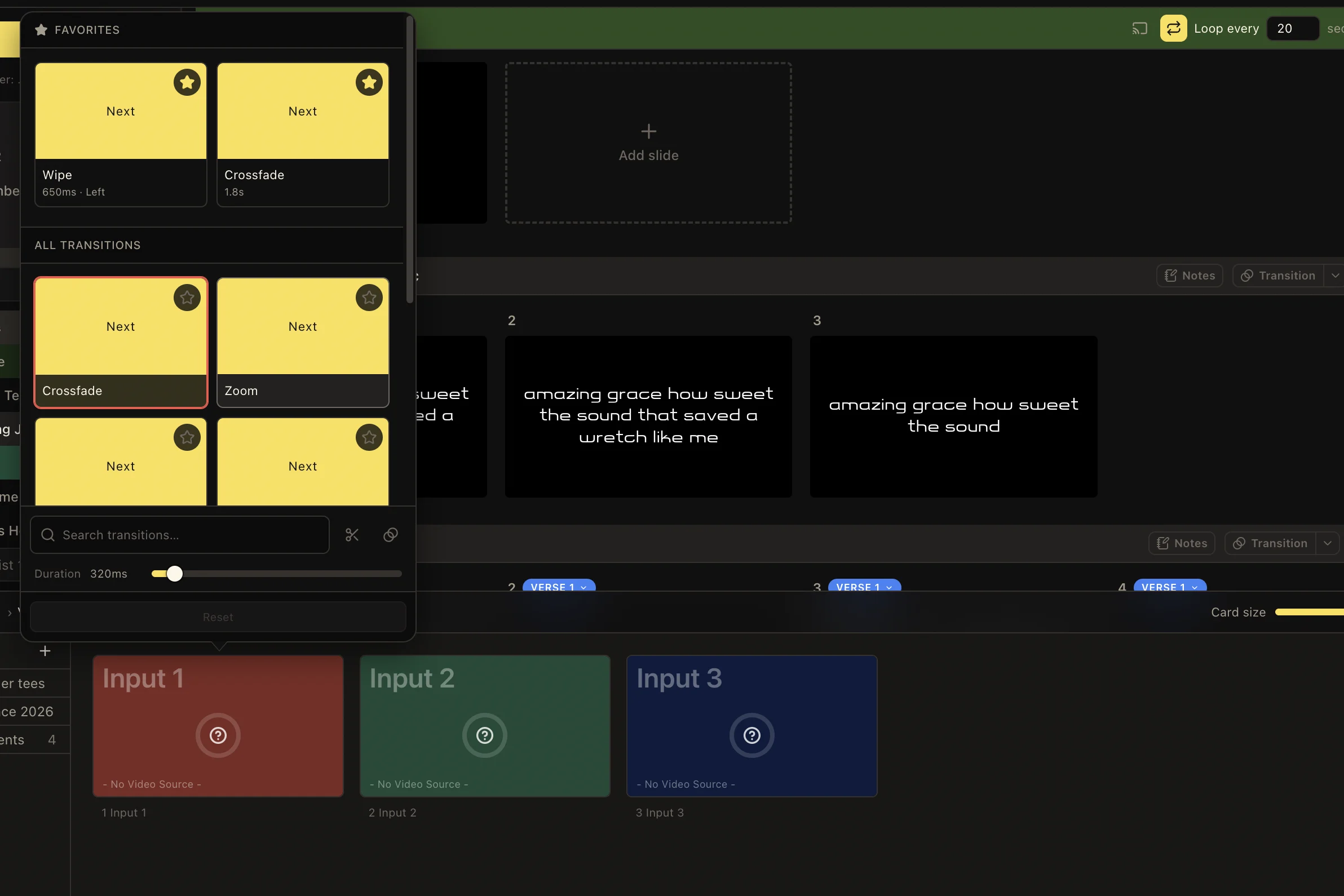 LlamaPresenter transition picker above media items and video input cards