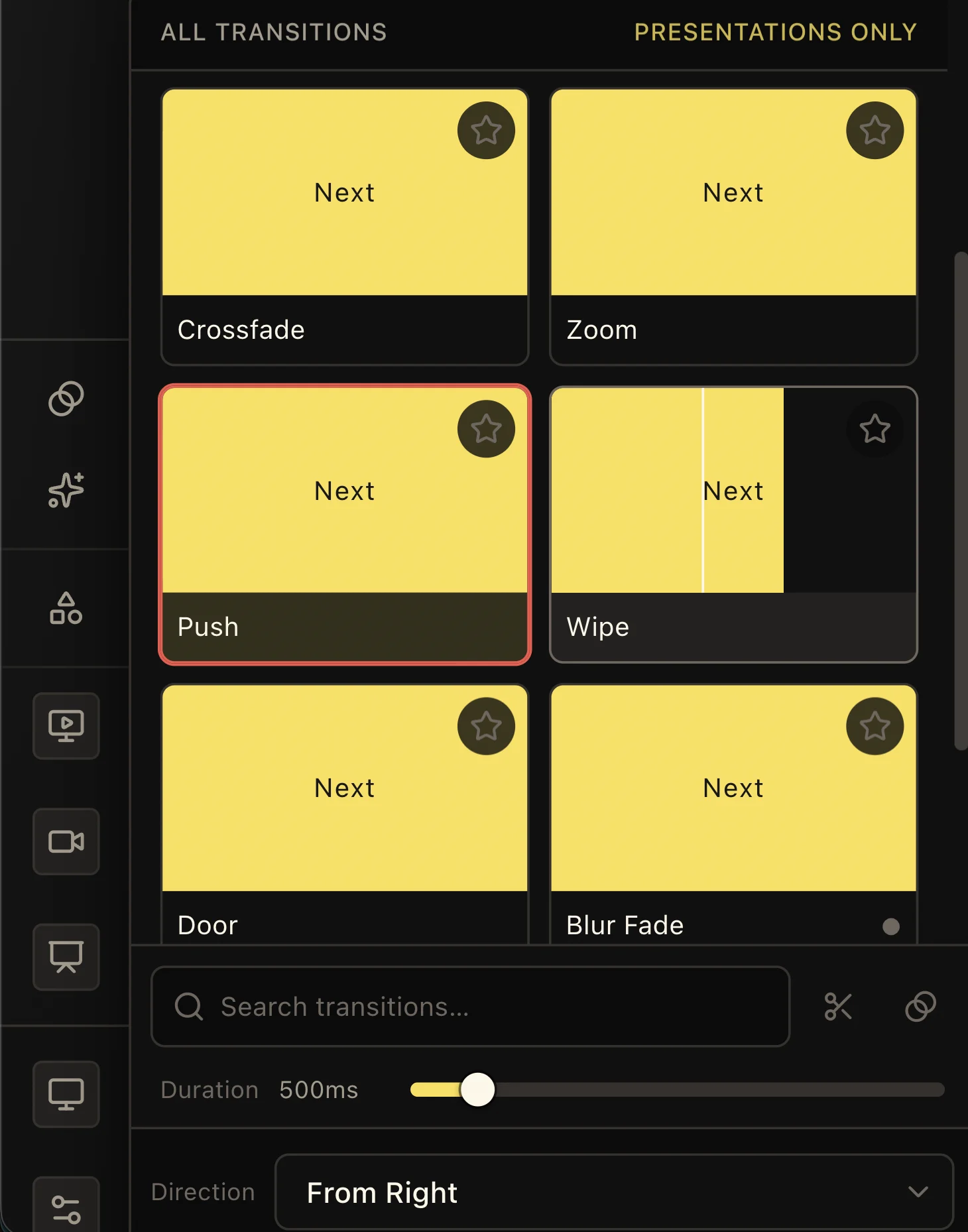 LlamaPresenter transition picker showing presentation-only scope, transition previews, duration, and direction controls