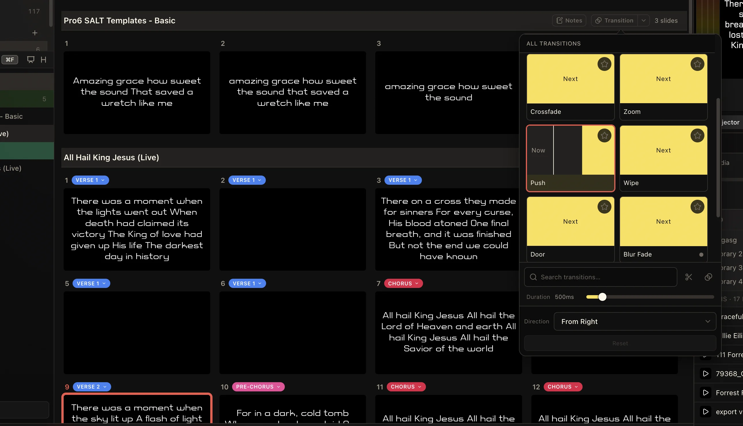 LlamaPresenter song transition picker open above lyric slides in a service playlist
