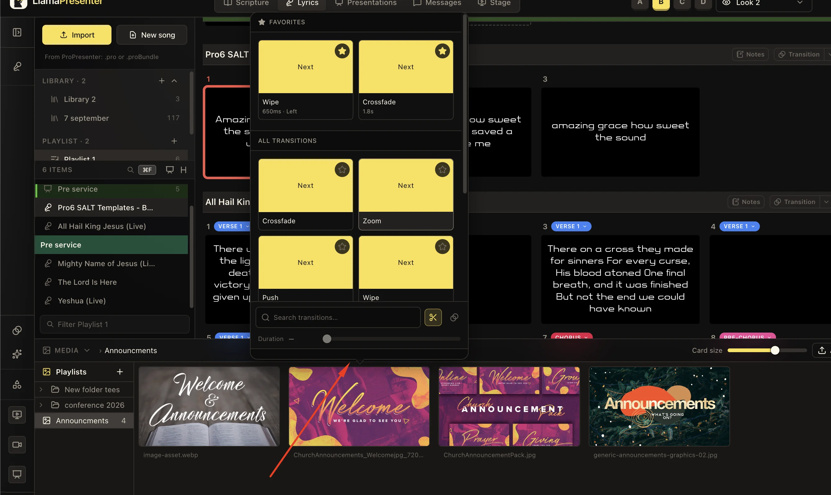 LlamaPresenter transition picker showing saved favorite transitions above all available transitions in the Lyrics workspace