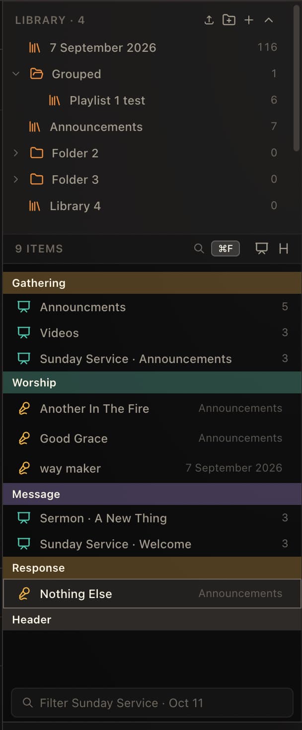 LlamaPresenter Studio's service library with playlists, songs, and announcements