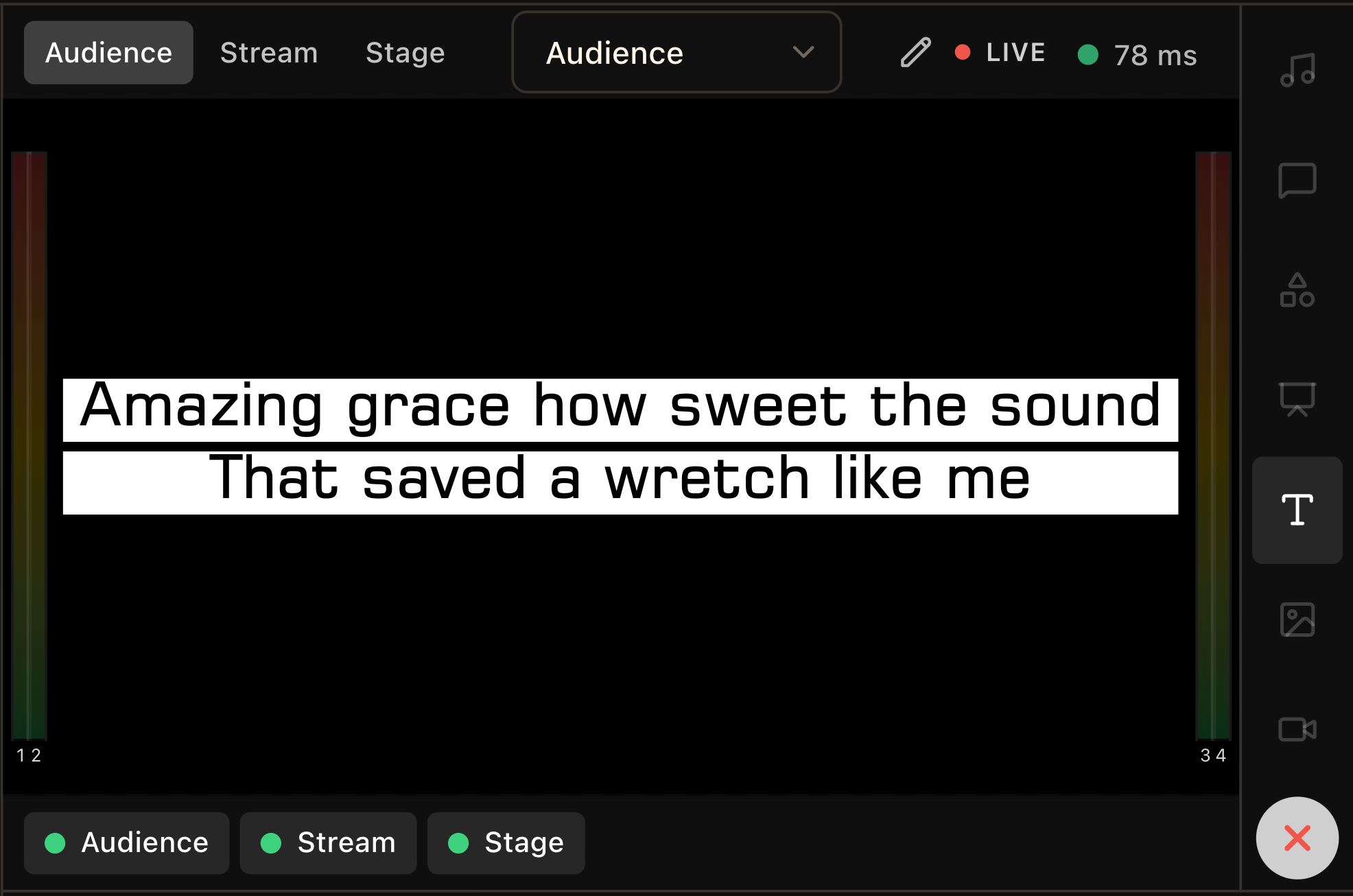 LlamaPresenter Studio's live audience preview showing lyrics and output controls