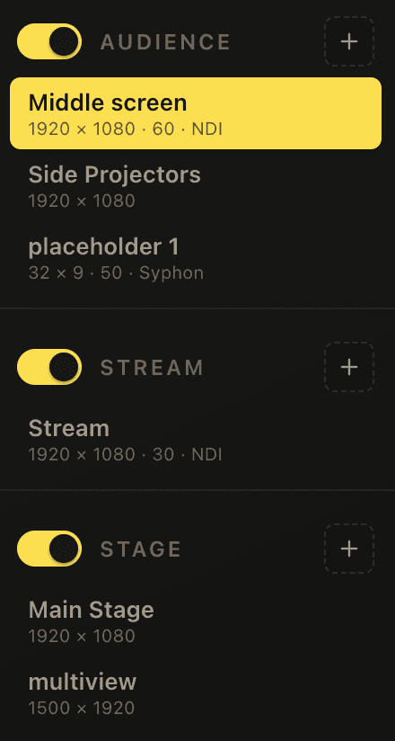 Display output list with Audience, Stream, and Stage groups; Middle screen is selected