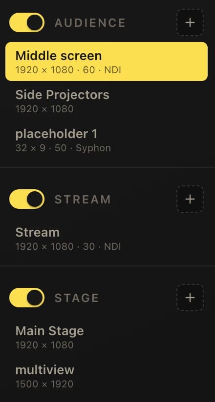 Display output list with Audience, Stream, and Stage groups; Middle screen is selected