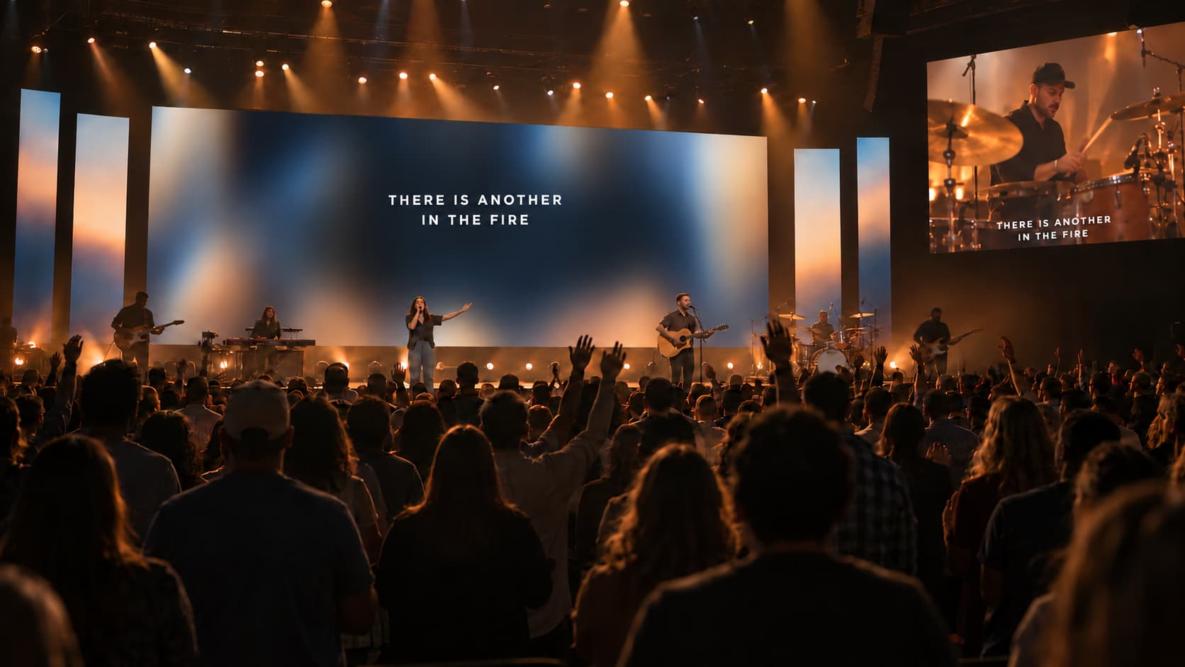 Worship team and congregation before an LED wall displaying There is another in the fire, with a close-up of the drummer and lyrics on the right projector screen