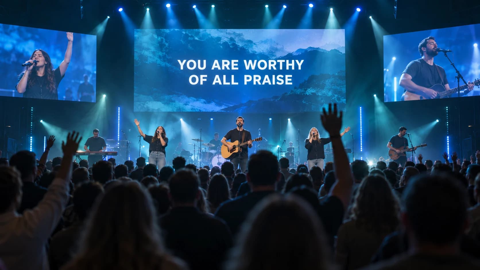 A worship band leading a congregation with raised hands, the LED wall showing You are worthy of all praise between two close-up screens