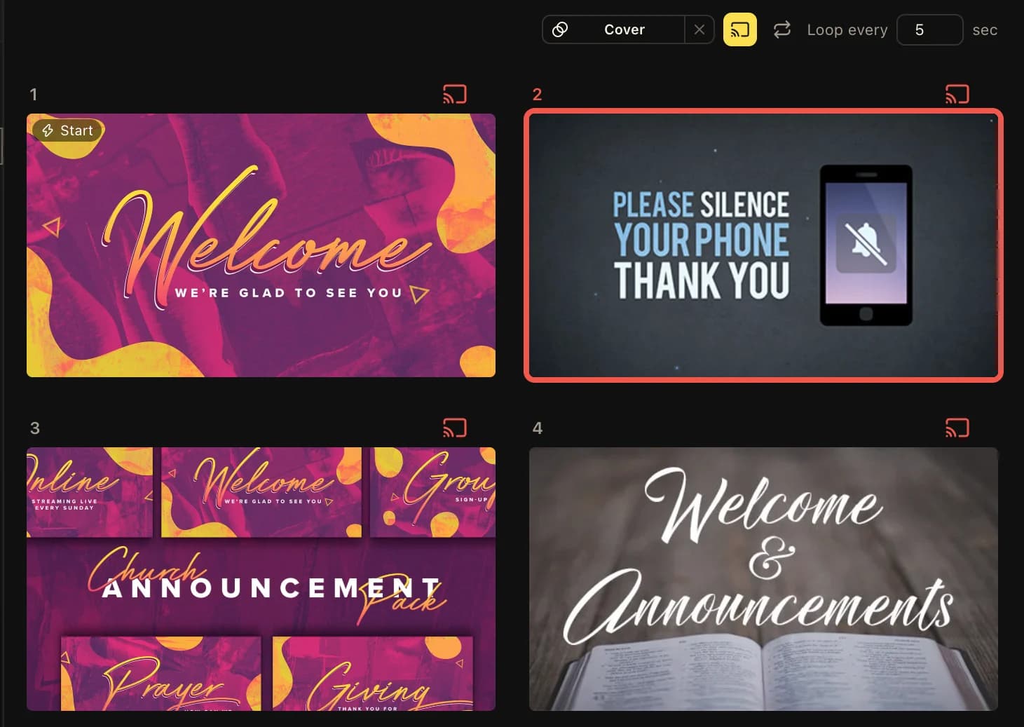 Announcement deck of welcome, silence-your-phone, and announcement slides, with Cover routing and Loop every 5 sec controls