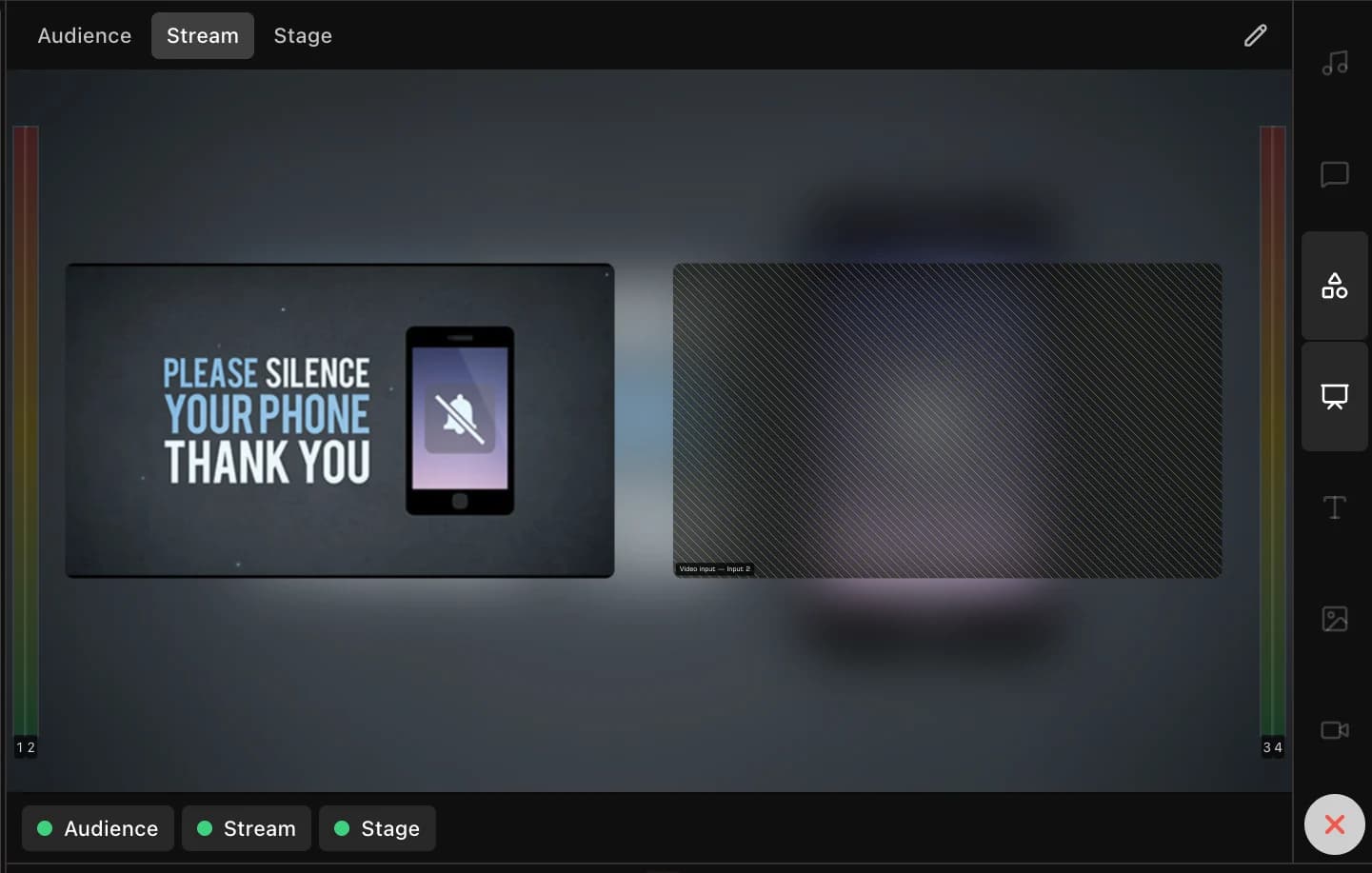 LlamaPresenter Stream output preview showing a "Please silence your phone" slide beside a live video input