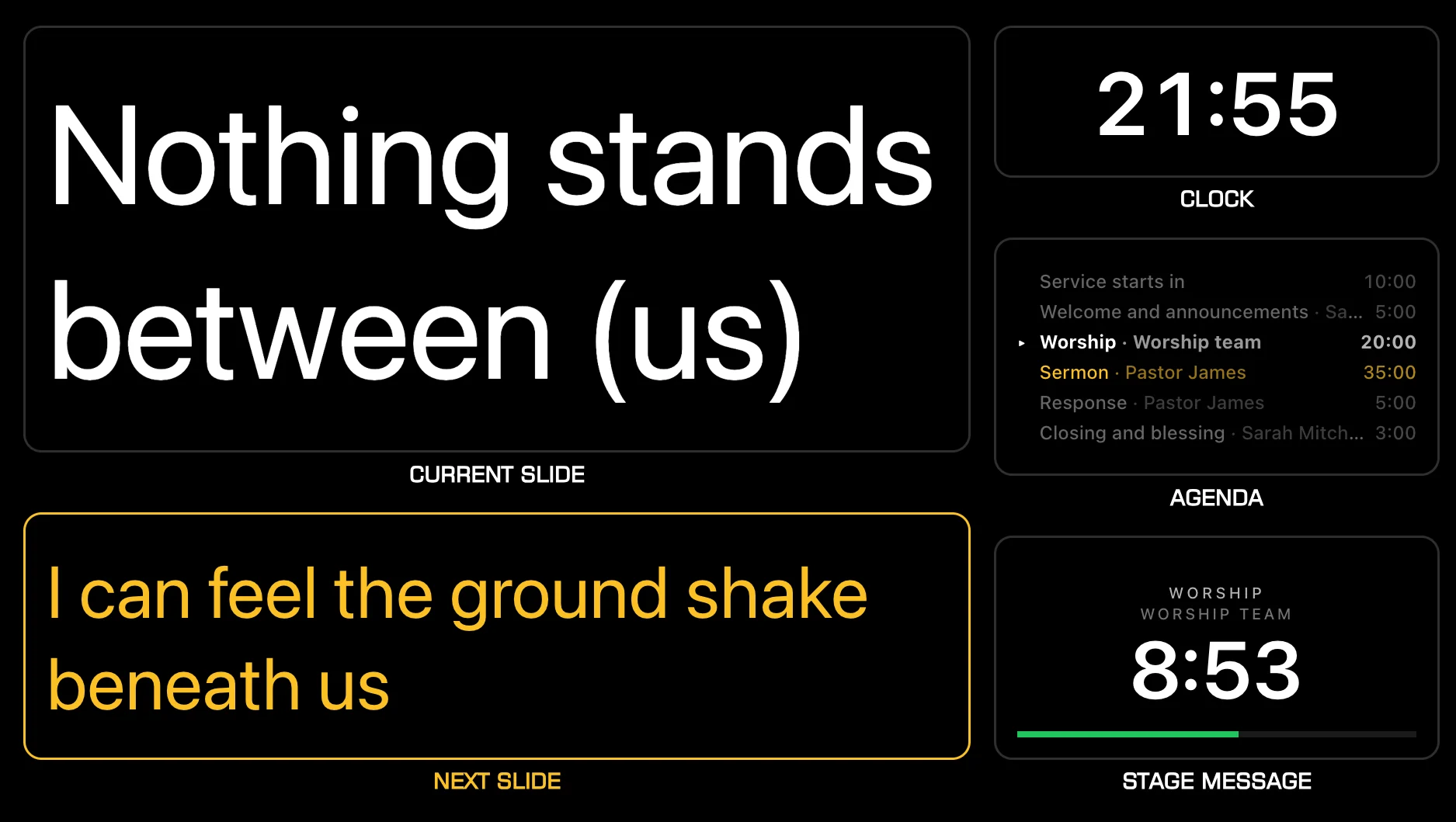 The stage display: the current and next lyric slides, a clock, the service agenda, and a countdown for the worship team