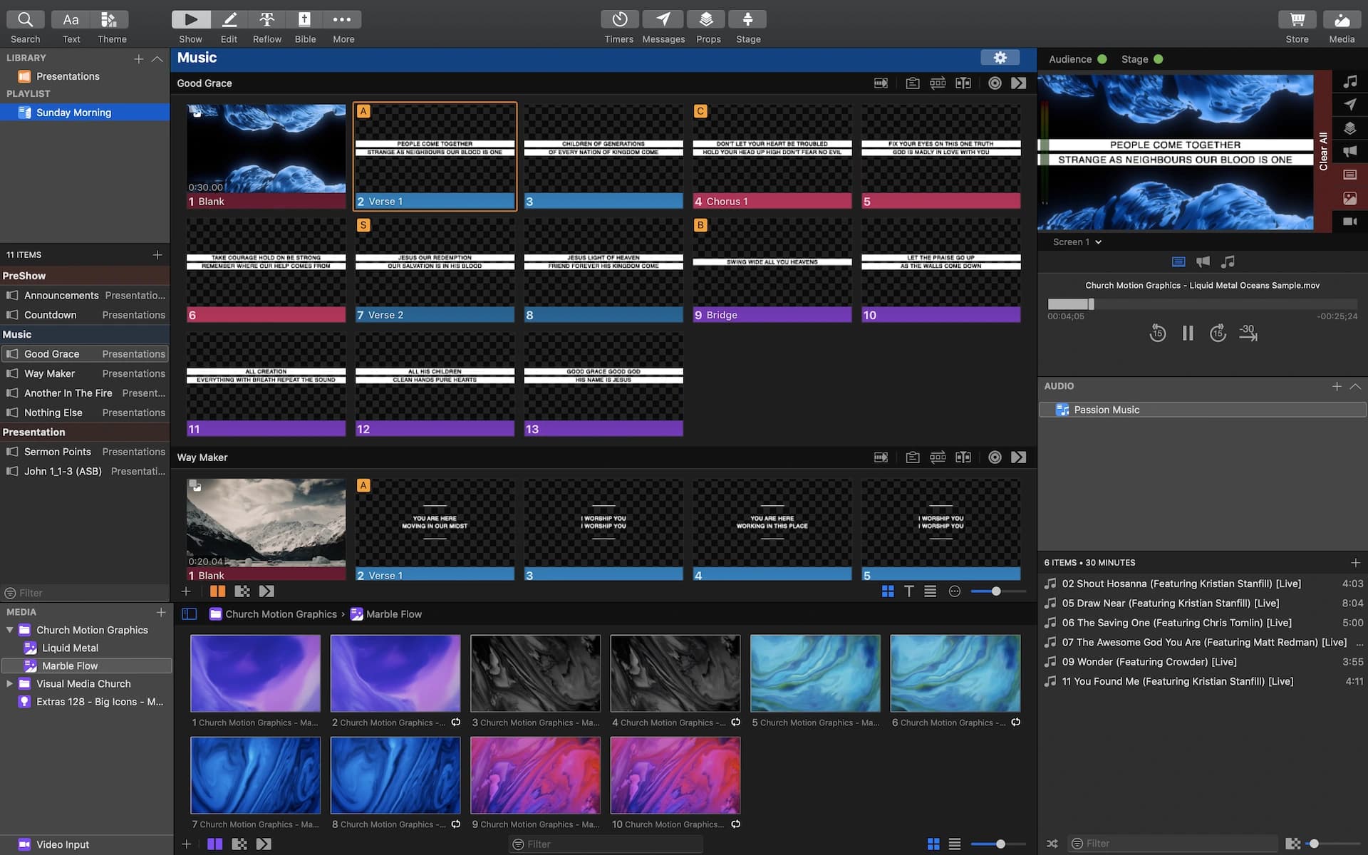 The ProPresenter show screen with its library, playlist, slide groups, media bin and audio panels