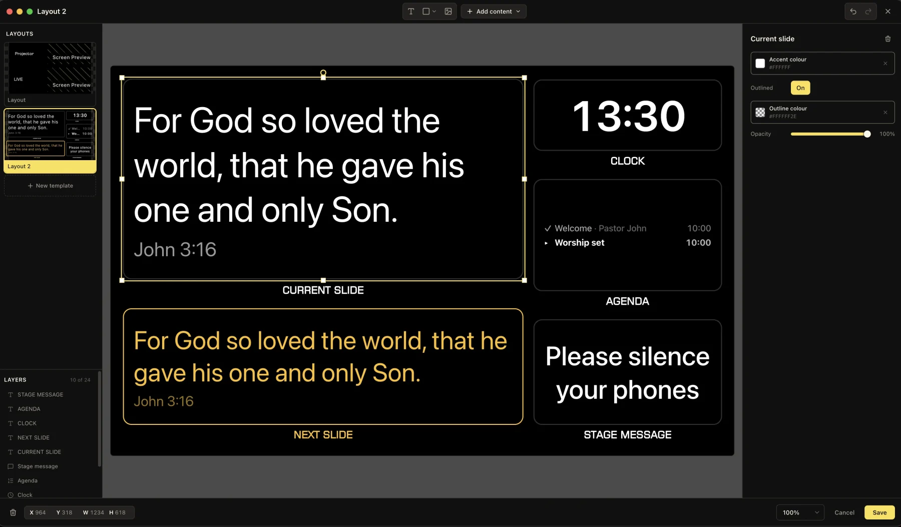 Stage layout editor with current slide, next slide, clock, agenda, and stage message fields